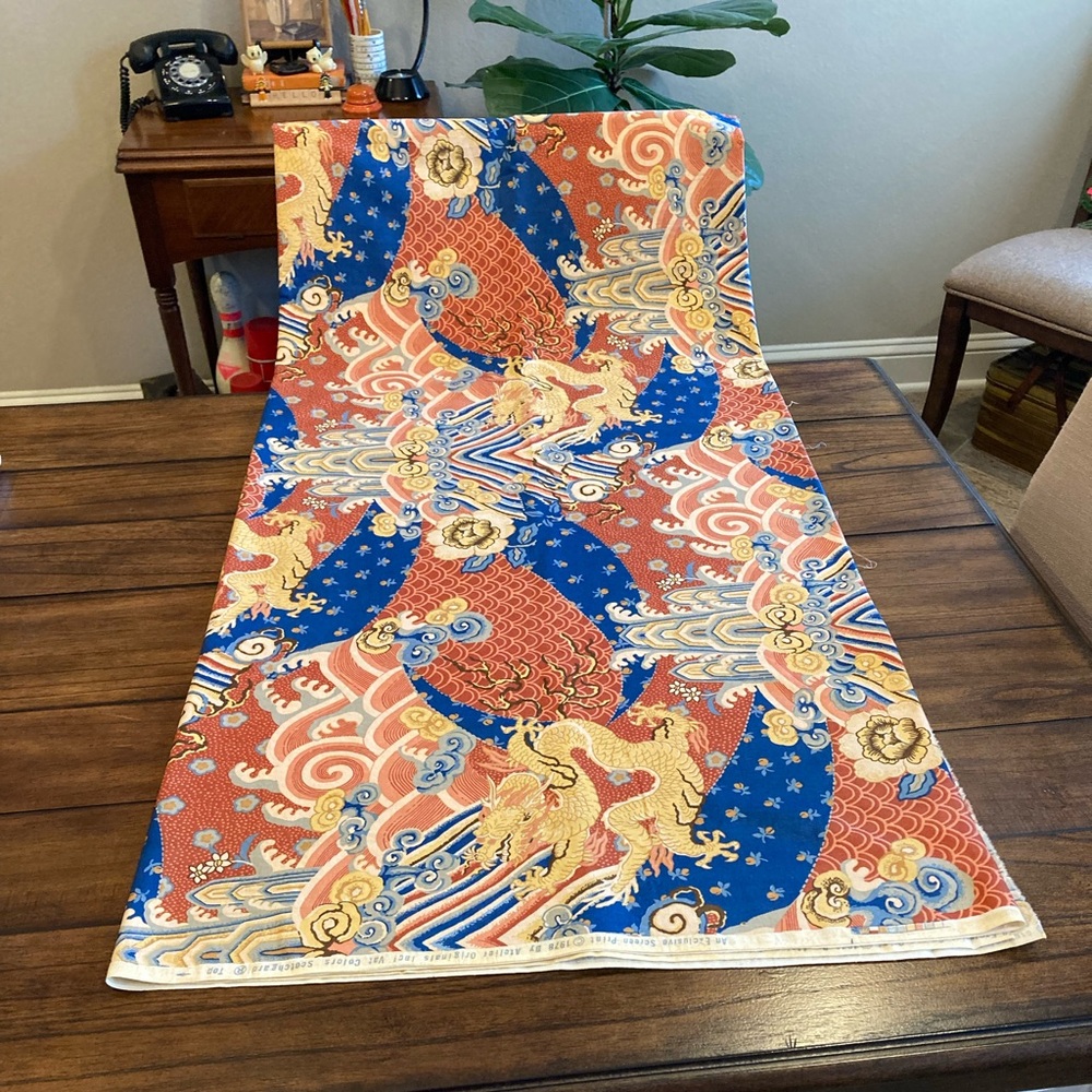 Vintage 1970s Atelier Originals Inc Fabric Asian Dragons & Floral 2 2/3 Yrds